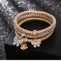 Bracelets à breloques à la mode pour femmes ensemble 3 pièces cristal hibou coeur éléphant ancre pendentifs strass Bracelets à breloques Bracelets