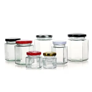 Popular Empty Candy Honey Glass Hexagon Jar With Metal Lids