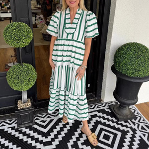Abito Lungo a Righe con Scollo a V e Maniche a Lanterna, Moda Casual Femminile Primavera 2026, Vestito Midi in Poliestere Vestibilità Ampia Rosa Verde Blu S M - Product Image 3
