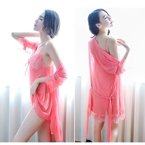 Women <b>Sexy</b> Lingerie <b>Set</b> Chiffon Lace Trim See Through Robe With Chest Pad Seductive Sleepwear - Product Image 2