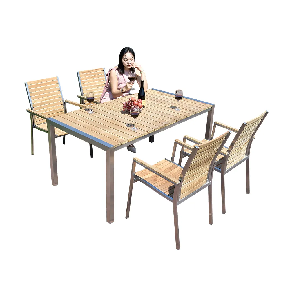 Low MOQ Outdoor Dinning Table Set Patio Furniture Plastic Wood Metal Garden Restaurant Table And Chair
