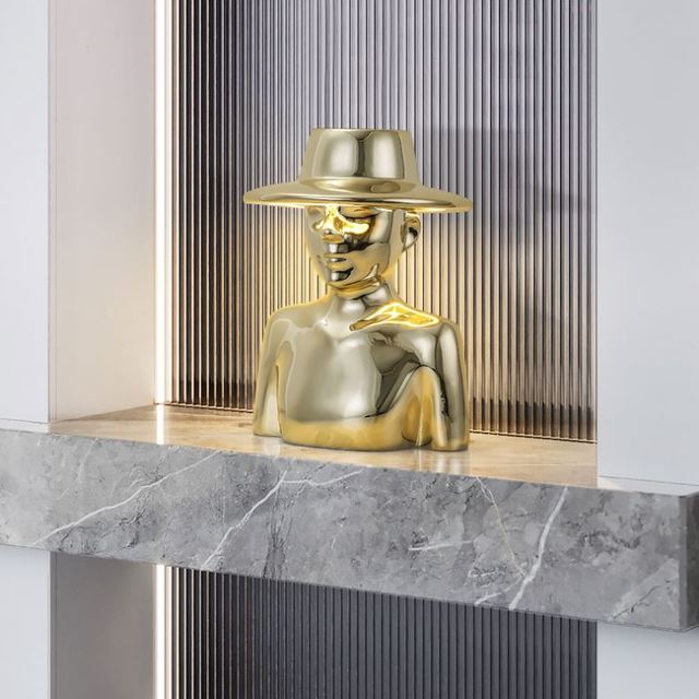 Modern Creative Resin Table Lamp with Hat Character Sculpture Simple Bedside Reading Lamp for Home Bedroom Art Decor