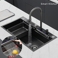 Lusa moderne 304 acier inoxydable LED numérique intelligent cascade robinet multifonction grand évier de cuisine à bol unique avec robinet