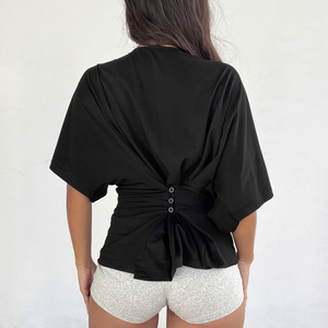 Camiseta Holgada de Manga Corta para Mujer, Tallas Grandes, Primavera/Verano, Nueva Colección, Diseño con Botones y Cintura Ajustada, Moderna y a la Moda, Teñido Liso - Product Image 6