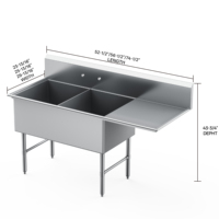 Évier commercial à deux compartiments en acier inoxydable 304 de 18 ga, 24Lx24Wx14D, avec égouttoir droit de 24 pouces, à poser au sol, poli, 1,2 mm