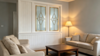 Panneau de verre décoratif trempé sur mesure avec incrustation en laiton, motif mural de sécurité, cloison intérieure moderne, style européen, garantie 5 ans