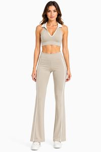 Completo Yoga Due Pezzi: Top Corto Halter e Pantaloni a Vita Alta Svasati con Striscia Laterale, Design Traspirante Senza Cuciture - Product Image 2