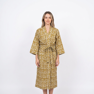 Robe kimono vintage pour femme, imprimé floral fait main, 100% coton, taille unique, col en V, taille élastique, romantique, confortable, hiver - Product Image 1