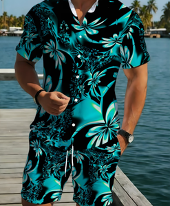Ensemble de plage estival léger et respirant pour <span class=keywords><strong>homme</strong></span>, comprenant une chemise à manches courtes et un pantalon en polyester avec imprimé lettres bleu et blanc - Product Image 2
