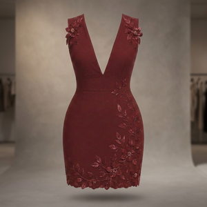 Robe de soirée sans manches bordeaux, col en V, mini, moulante, robe de fête, applique florale 3D, respirante, tenue de cocktail - Product Image 3