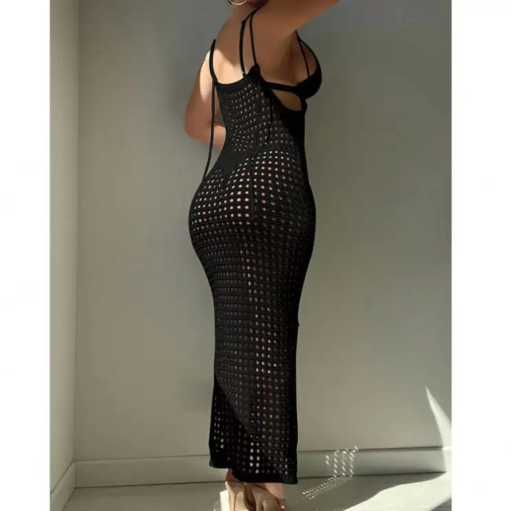 Crochet Net Beach Dresses for Women Resort Wear Bikini Cover Up Sexy Hollow Out Sleeveless Maxi Dress