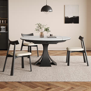 Juego de mesa de comedor redonda extensible con 4 sillas, tablero de madera maciza con superficie de piedra, estilo moderno retro para comedor - Product Image 3