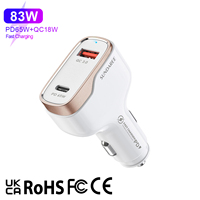 Chargeur de voiture USB C double port Sunda 65W PD3.0 QC3.0 18W 1A1C, adaptateur de charge rapide au design élégant et lumineux 12V-24V pour iPhone 17
