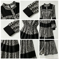 Robe midi pour femme à imprimé léopard, col rond, manches longues bouffantes, patchwork noir, taille en dentelle, ourlet étagé, décontractée, printemps automne