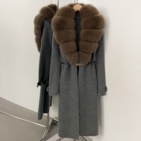 Pull long en tricot pour femme, automne et hiver, avec ceinture à nouer, col en vraie fourrure de renard, veste longue en tricot pour femme