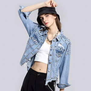 Rivets Personnalisés Grande Taille Vintage Femmes Bleu Denim Déchiré Jeans Crop Jackets - Product Image 2