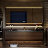 Meuble-lavabo de salle de bain avec vasque, élégant meuble-lavabo avec miroir LED intelligent anti-buée, meuble-lavabo mural en bois massif