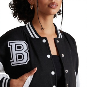 <b>women's</b> clothing <b>Women's</b> Black <b>White</b> Varsity <b>Jacket</b> Full Sleeve Turn Down Collar Short Crop Button Closure Letter Print <b>Jackets</b> - Product Image 6