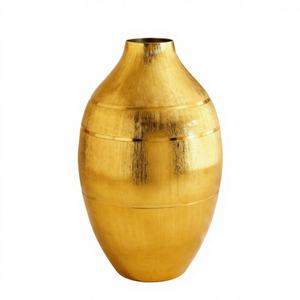 Vase de sol cylindrique moderne en métal doré brossé, avec bande centrale martelée, de luxe, minimaliste, résistant à la rouille, fait main, pour mariage - Product Image 1