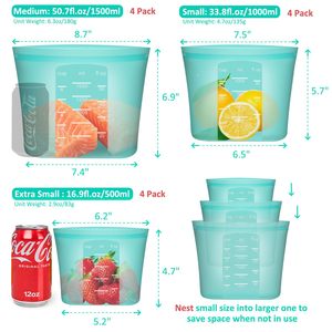 Sacos de Armazenamento de Alimentos Reutilizáveis 100% Silicone, Pacote com 12, Recipientes com Fecho Zip Lock, Seguros para <span class=keywords><strong>Freezer</strong></span>/Micro-ondas/Forno/Lava-louças, 4 de Cada Tamanho - Product Image 5