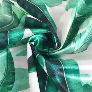 New Green Leaves Satin Glossy Soft Recycled 95% Polyester 5% Spandex Digital Print Knit Fabric For Clothing