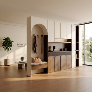 Nordic Two Tone Wood Wardrobe <strong>Closet</strong> Arch Fluted Panel <strong>Mudroom</strong> Entry Storage Bench Custom Hallway Furnishing - Product Image 2