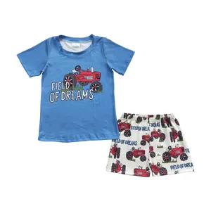 BSSO0190 bulk wholesale infant Boys Outfit Sets factory price Field of dreams car blue short sleeved printed white shorts