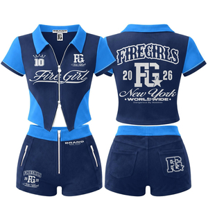 Ensemble décontracté deux pièces en coton et polyester pour femme, haut court polo personnalisé et short moulant avec fermeture éclair, confortable et assorti pour l'été - Product Image 1