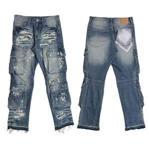 Jeans en denim personnalisés YUCE, faible MOQ, multi-poches, coupe droite, pantalon <span class=keywords><strong>cargo</strong></span> en denim, <span class=keywords><strong>Y2K</strong></span>, hip-hop, jeans pour hommes déchirés - Product Image 2