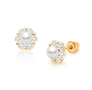 Çiçek 18K altın kaplama beyaz inciler damga 925 ayar gümüş çocuklar için güvenli vida geri küpe - Product Image 1