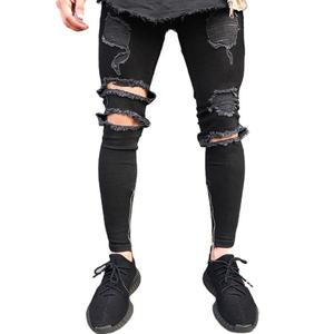 Pantalones vaqueros elásticos personalizados para hombre, estilo motero, con efecto destruido, rasgados y reparados, ajustados, con parches a rayas y cremallera en el tobillo - Product Image 1