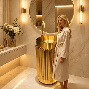 Lavabo a <span class=keywords><strong>colonna</strong></span> freestanding di lusso in acciaio inossidabile oro spazzolato <span class=keywords><strong>con</strong></span> rubinetto dorato per <span class=keywords><strong>bagno</strong></span> di hotel e ville - Product Image 1