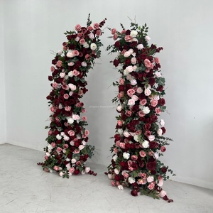 Arche demi-<span class=keywords><strong>lune</strong></span> en roses artificielles <span class=keywords><strong>bordeaux</strong></span> et rose poudré, réaliste, pour décoration florale de cérémonie de mariage, vente en gros directe usine - Product Image 2