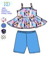 Ensemble 2 pièces pour filles : Haut sans manches à volants et short cycliste imprimé western – Tenue d'été pour enfants – Ensemble peplum + leggings pour filles