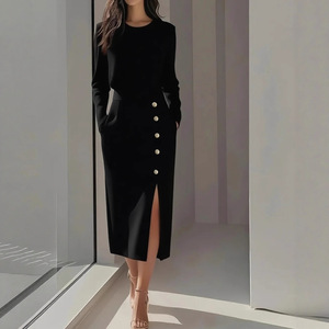 <span class=keywords><strong>Abito</strong></span> midi elegante da donna a maniche lunghe in tinta unita <span class=keywords><strong>con</strong></span> dettagli a bottoni e <span class=keywords><strong>spacco</strong></span> laterale - Girocollo - Product Image 2