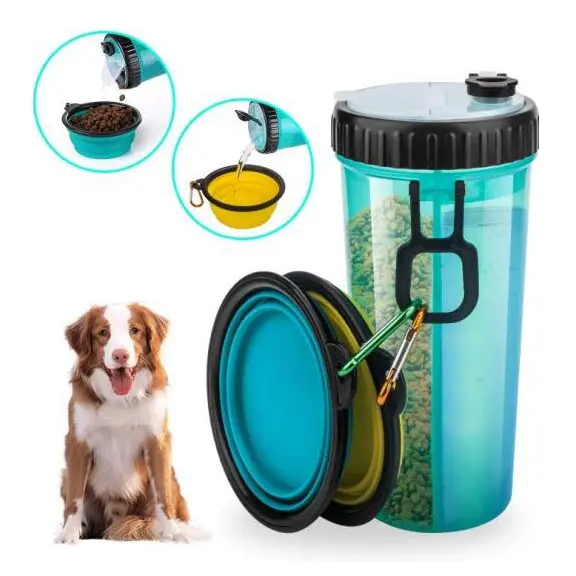 Pet Supplies Dual Chambered Design Water Food Container 2-in-1 Plastic Portable Dog Water Bottle with 2 Collapsible Bowls