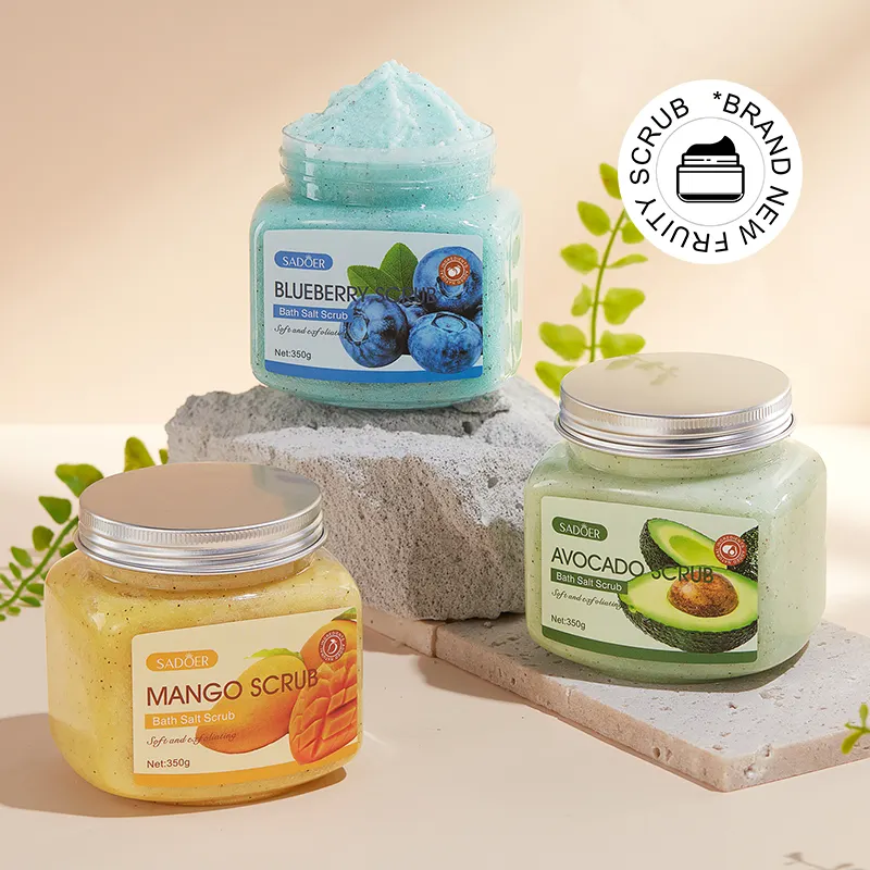 Package personnalisé OEM SADOER exfoliant Naturel Organique Fruits Sel De Bain Peau Blanchiment corps Gommage