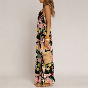 Vestido largo personalizado con estampado floral negro, cuello en V profundo, cintura con lazo, estilo bohemio para vacaciones <span class=keywords><strong>de</strong></span> verano en la playa, vestido afgano. - Product Image 2