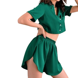 Pigiama da ragazza in raso a 2 pezzi, completo corto, abbigliamento da notte e da casa, vendita all'ingrosso, design di alta qualità per un comodo abbigliamento da notte - Product Image 1