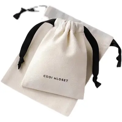 Venta caliente logotipo personalizado impreso cordón algodón lienzo joyería bolsa pequeña lona regalo joyería bolsa
