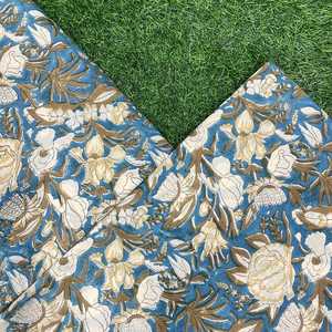 Blue Floral Block <b>Print</b> Cotton Voile Fabric 44 Inch HandDyed Indian <b>Botanical</b> Cotton Textile Soft Lightweight Dress Material - Product Image 1