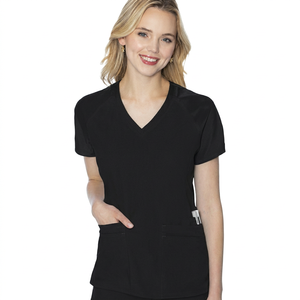Haut de blouse médicale noir à col en V pour femme, manches courtes, extensible, grande taille, uniforme d'infirmière, marque privée - Product Image 1