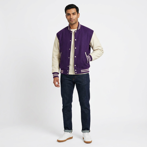 <b>High</b> Quality Varsity Jacket for Men with Wool Body and <b>Leather</b> Sleeves Comfortable Plus Size Customized Solid Color Design - Product Image 1