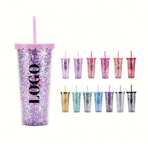 Gobelets en plastique à paillettes de 24 oz, à double paroi, avec couvercles et pailles, pour jus et café, personnalisables en gros - Product Image 1