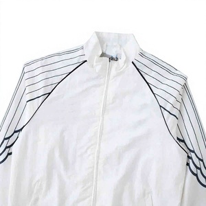 White Unisex <b>Racer</b> <b>Jacket</b> With Black Stripes Zipper Closure Stand Collar Elastic Waist Regular Fit All Seasons Polyester Materia - Product Image 4