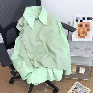 Bestseller Frühjahr 2025: Neues Modisches Zweiteiliges Set für Damen aus Bonbonfarbener Strickweste und Hemd, 2-teiliges Set Hemd und Weste - Product Image 5