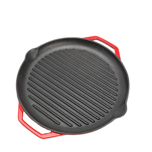 Articles ménagers lumineux de haute qualité 32cm poêle à griller en <span class=keywords><strong>fonte</strong></span> rouge émail antiadhésif extérieur BBQ plaque chauffante en gros ustensiles de cuisine en métal - Product Image 2