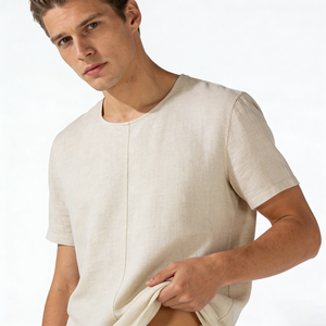 Camiseta de <span class=keywords><strong>Hombre</strong></span>, Corte Relajado, Tela de Lino, Transpirable, Ligera, Color Beige, Dobladillo Curvo, Informal, para Uso Diario, con Costura Central - Product Image 5