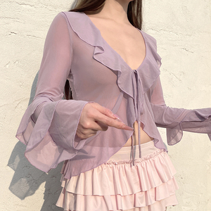 เสื้อผู้หญิงผ้าตาข่ายผูกโบว์แบบโปร่งใสคอวีแขนยาวน้ำหนักเบาเสื้อลำลองสวมใส่ในช่วงวันหยุดฤดูร้อน - Product Image 2