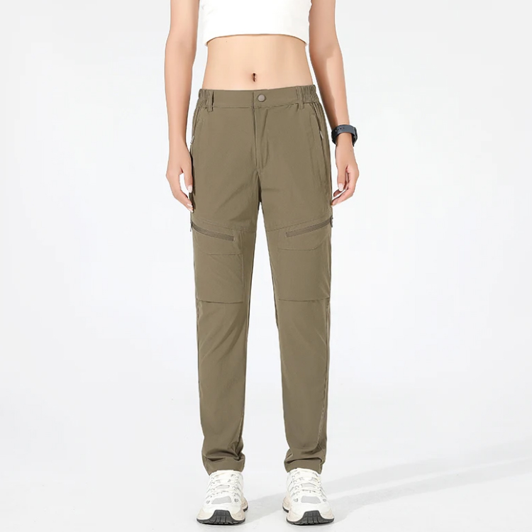 Pantaloni da viaggio da donna, color caffè chiaro, resistenti all'acqua e ad asciugatura rapida.